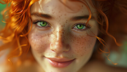 sensitive extremely close-up face portrait of beautiful Red hair young woman with green eyes clean skin and freckles, curly hair looking at camera. Diverse human beauty, fashion and skin care concepts