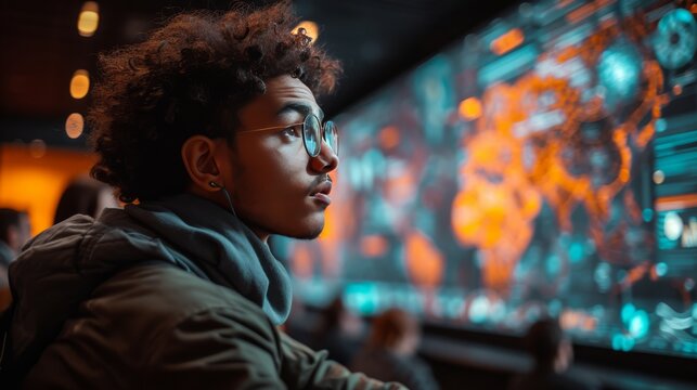 "Personne regardant un écran numérique coloré dans un espace intérieur sombre, effet de bokeh pour une mise au point sur le sujet."