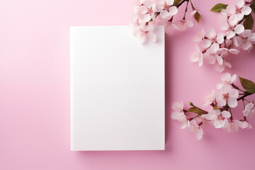 Blank white book cover mockup with flowers on pink background, book hardcover mockup with copy space