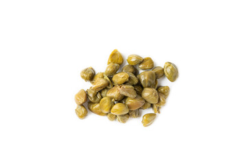 Obraz premium Capers isolated on white background. Marinated caper buds, small salted capparis in bowl, fermented food, pickled capers group.Organic spices and seasonings.