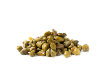 Capers isolated on white background. Marinated caper buds, small salted capparis in bowl, fermented food, pickled capers group.Organic spices and seasonings.