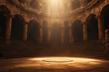 Antique arena podium for battles, marble columns, dust in the air, ancient Rome