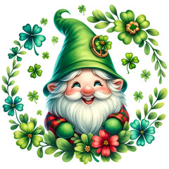 Illustration of Saint Patrick's Day with clover leaves and gnomes