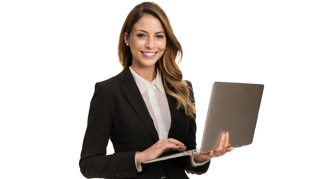Mulher neg&oacute;cios segurando um notebook (laptop) em suas m&atilde;os