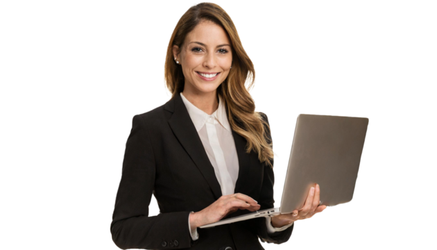 Mulher negócios segurando um notebook (laptop) em suas mãos