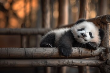 Fototapeta premium A peaceful cute baby panda, sleeping on a wooden surface