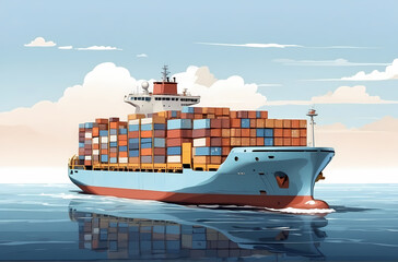 Transportation Concept, Cargo ship with colorful containers. Industrial commercial delivery and logistic services element. cartoon illustration