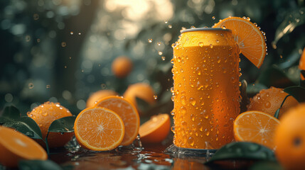 Mockup aluminum water orange can with water droplet on surface can with orange are placed as ingredients. orange vast farm on background. for product presentation - obrazy, fototapety, plakaty