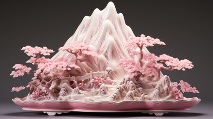 A three-dimensional sculpture depicting the Cherry Organic Tea Mountain, crafted from ceramic with intricate details of cherry blossom trees and tea plantations