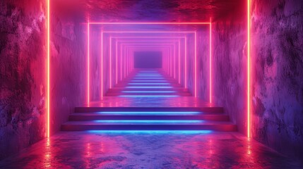 Ancient Greek style pillar three podiums and door on blue pink violet neon,ultraviolet light, night club empty room interior, tunnel or corridor, glowing panels