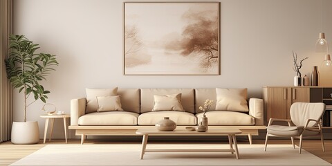 Warm beige interiors with hints of Japanese and Scandinavian flair. Modern Japandi living room design.
