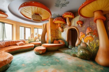 Interior of a whimsical themed room designed with oversized mushroom furnishings and a vibrant, fairy tale-inspired mural