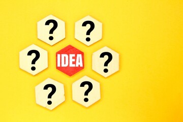 hexagons with answer marks or question marks and ideas. Creative ideas think form problem solving question concept.
