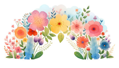 Watercolor rainbow and flowers on white background