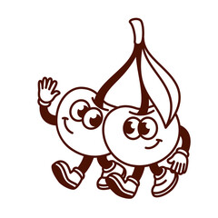 Groovy cartoon monochrome cherry characters walking together. Funny retro two berry friends with leaf hugging, happy friendship mascot, cartoon cherry sticker of 70s 80s style vector illustration