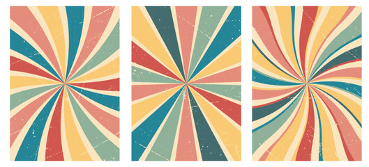 Set of abstract retro vertical backgrounds, yellow, red, blue, green and pink twisted stripes. Groovy sunburst vintage scratched grunge texture