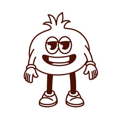 Obraz premium Groovy cartoon monochrome pomegranate character with funny smile. Retro tropical fruit laughing, red pomegranate mascot with arms and legs standing, cartoon food sticker vector illustration
