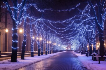 A snowy evening path is illuminated by the gentle glow of blue twinkling lights draped over the avenue trees