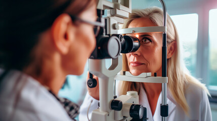 Optometrist using phoropter during eye exam on female patient.