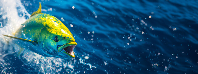 Dynamic image of a mahi-mahi leaping from the sea, a thrilling moment for deep sea fishing enthusiasts. Wide banner with copy space.