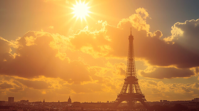 Sunset silhouette of Eiffel Tower during heatwave in Paris, global warming and record temperatures concept.