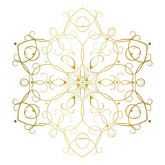 Golden snowflake mandala with six beams on white background. Decorative lace pattern vector illustration. Floral Indian ornaments for print. Ethnic monochrome decor with swirls and curved lines. 