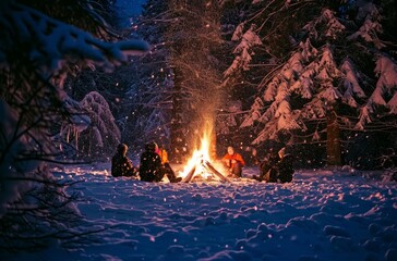A group of people warm themselves around a bonfire in a snow-covered forest, the fire's glow contrasting with the dark silhouettes of pine trees under a snowy night sky