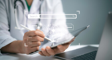 A medical worker use virtual graphic Global Internet connect Chat bot with AI, Artificial...