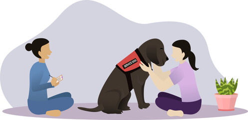 emotional support animals, service dogs help improve the mental state of patients with mental breakdowns, service dog helps patients fix her mental health vector illustration