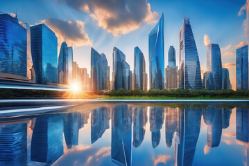 Obraz premium High-rise glass curtain wall skyscraper in a prosperous and modern big city