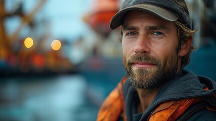 Fototapeta premium Portrait of empowered male maritime professional at work. Hard working man at the ship. Maritime concept. Work concept. Man concept. Male concept. Guy concept.