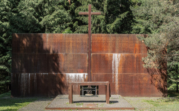 Russia, Katyn, June 2021 - The altar wall with the names of the executed Polish prisoners of war in memorial complex KATYN
