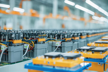 Naklejka premium Lithium battery packs produced in modern new energy factories