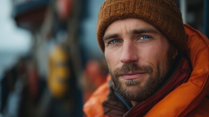 Portrait of empowered male maritime professional at work. Hard working man at the ship. Maritime concept. Work concept. Man concept. Male concept. Guy concept.