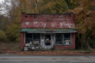 An abandoned brick storefront stands forlorn among autumn leaves, a relic of the past slowly yielding to the elements