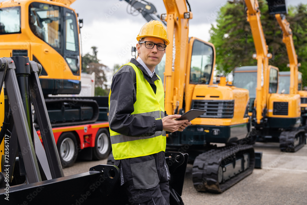 Poster engineer in a helmet with a digital tablet stands next to construction excavators..