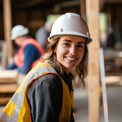 A smiling woman with a hard hat and reflective vest on a construction site with a colleague in the background