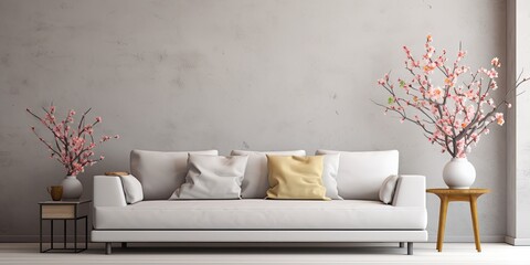 Modern room with cozy sofa and spring flowers on a table. - obrazy, fototapety, plakaty