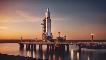 Sunset Countdown: Space Rocket Poised for Launch at Dusk