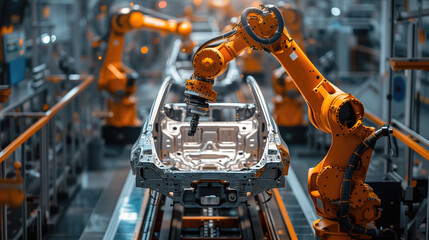 The process of decorating automotive parts using a robot arm. The process of producing high-tech automotive parts using a robot system.