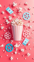 Dynamic cinema scene with striped popcorn box and kernels against vibrant pink blue film reels