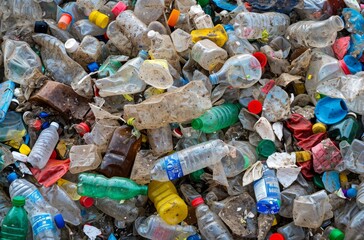 An alarming sight of environmental waste and pollution, featuring a large pile of discarded plastic bottles and other trash