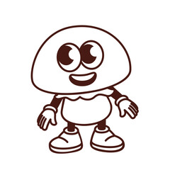Groovy cartoon monochrome edible mushroom character with smile. Funny retro boletus with cheerful face, mushroom mascot with arms and legs, cartoon food sticker of 70s 80s style vector illustration