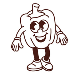 Groovy cartoon monochrome bell pepper character with happy expression on face. Funny retro vegetable smiling, comic paprika mascot, cartoon organic pepper sticker of 70s 80s style vector illustration