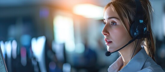 Female call center operator providing customer assistance with technology.