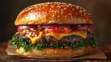  "Close-up d'un cheeseburger classique avec sesame, steak, fromage fondu, tomate, oignon rouge et laitue, sur planche en bois."