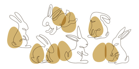 Abstract bunnies set on eggs background. Easter bunny rabbit continuous one line drawing. - 728568916