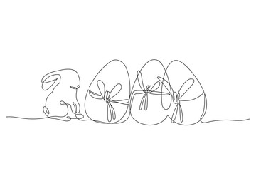 Abstract bunny, eggs with ribbons. Easter bunny rabbit continuous one line drawing - 728568919