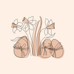 Abstract eggs, narcissus flower shapes background. Easter continuous one line drawing - 728568966