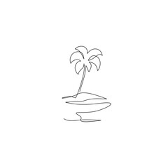 Palm tree, mountain, sea one line drawing art. Abstract tropical island continuous line. - 728568969